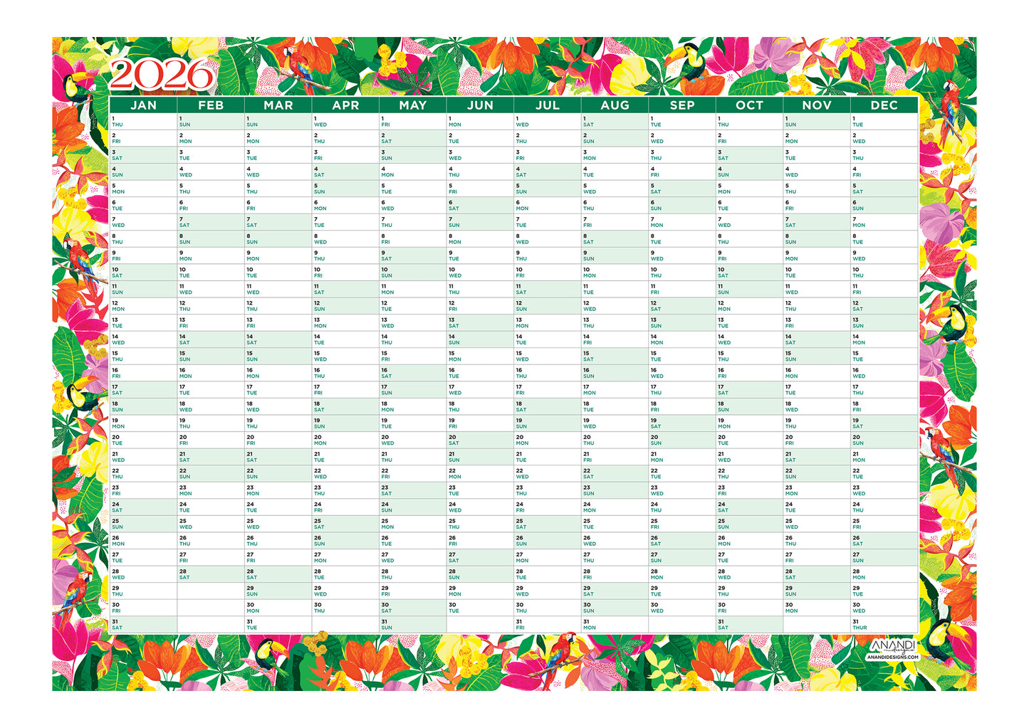 2026 Yearly Wall Calendar - Tropicals