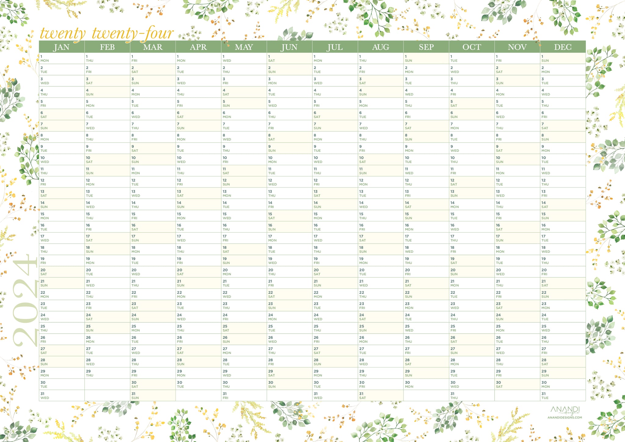 2024 Yearly Wall Planner - Spring Flowers