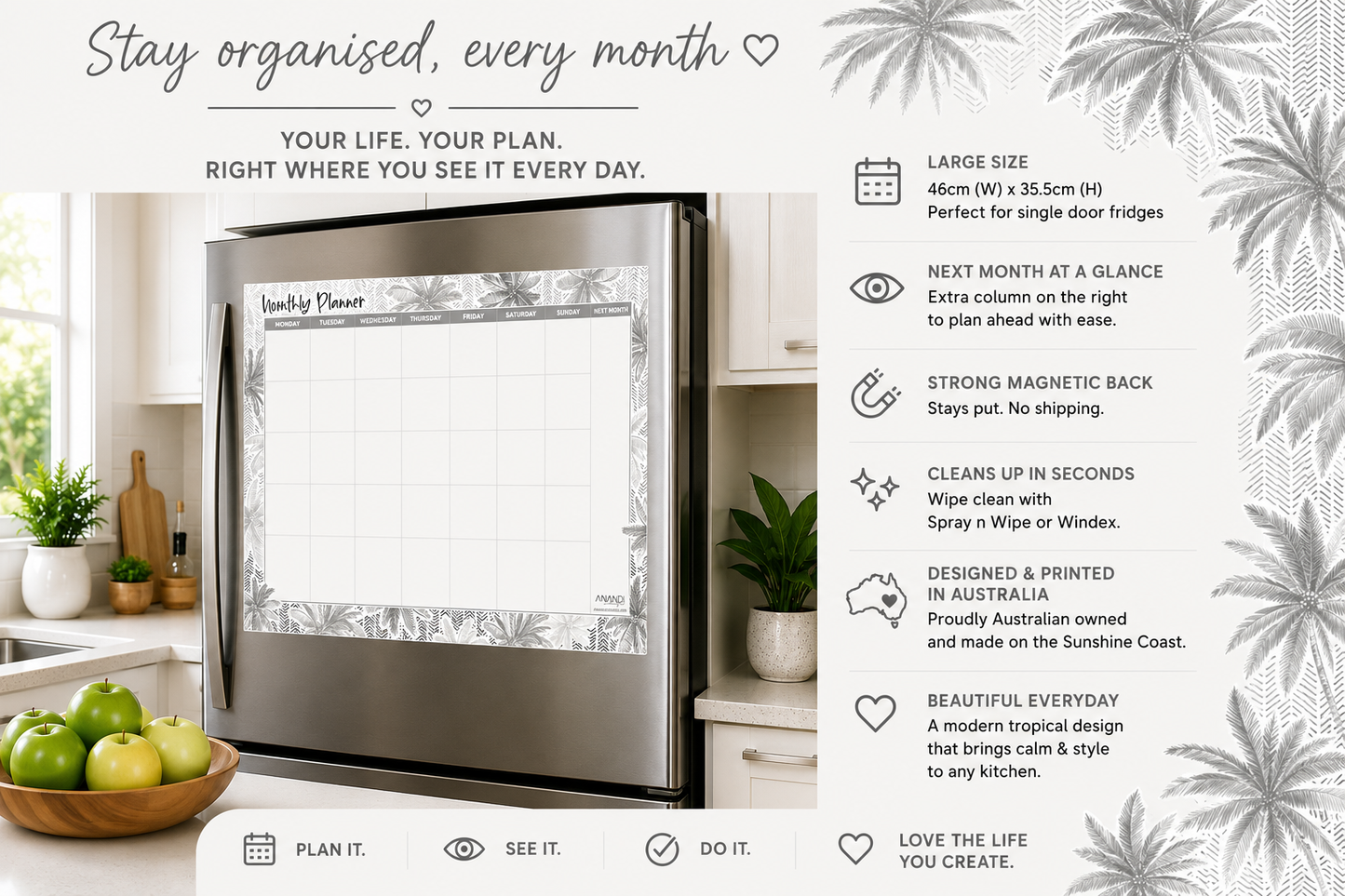 Magnetic Monthly Planner - Palm Cove Black (large)