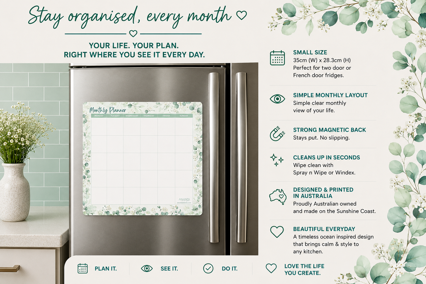 Magnetic Weekly Planner - Eucalyptus (SMALL 35cm x 28.3cm)