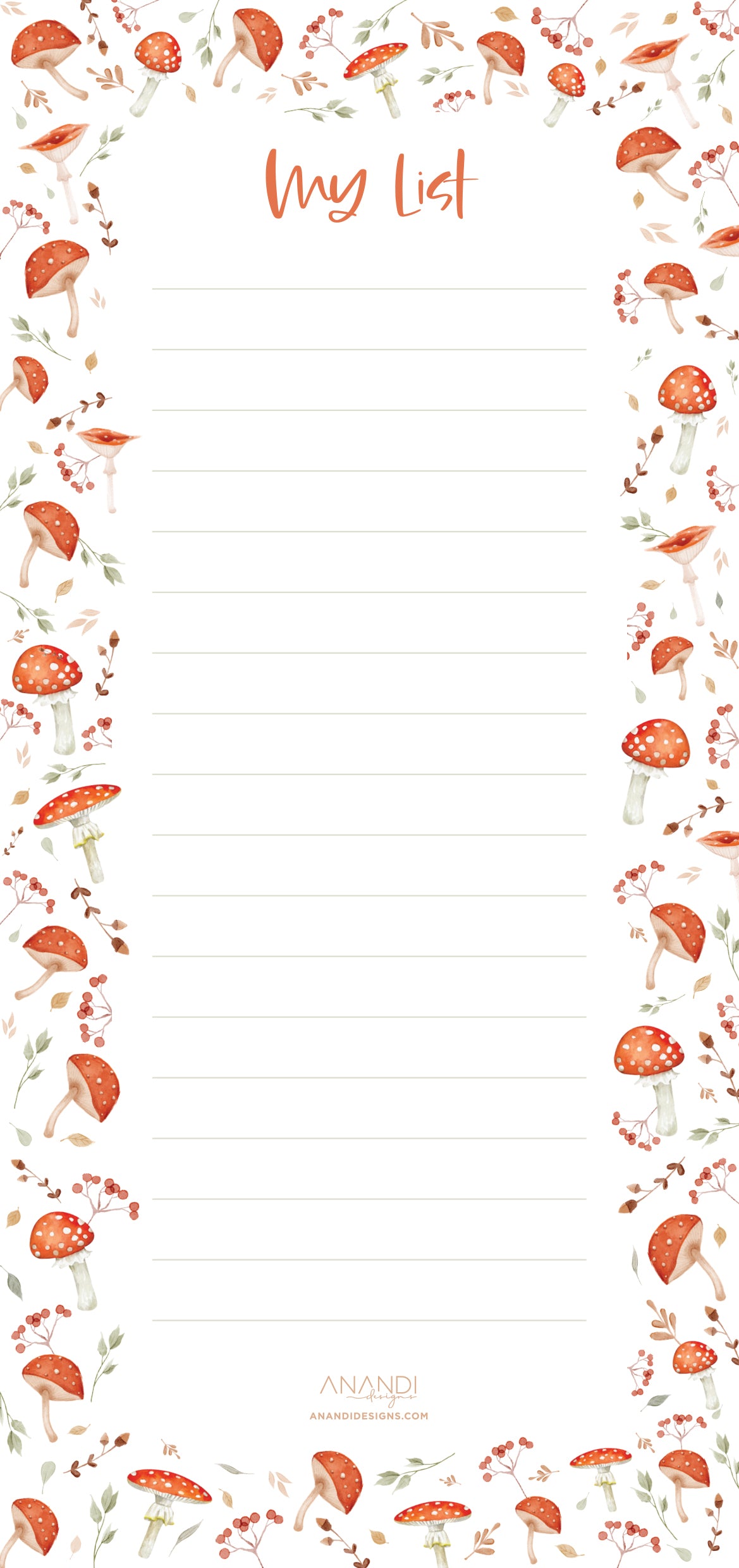 Magnetic Notepad - Mushrooms (9.9cm x 21cm)