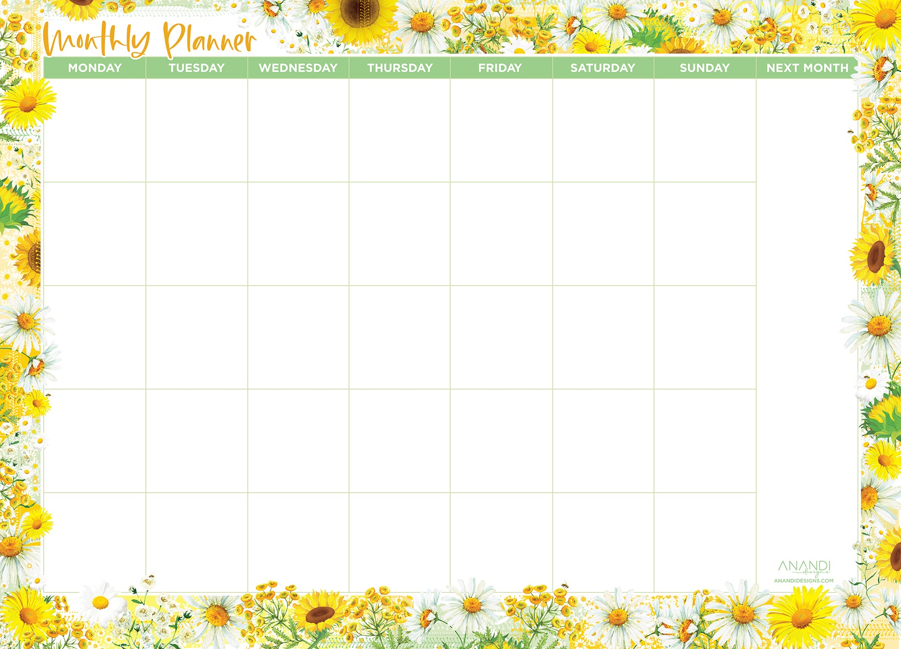 Magnetic Monthly Planner - Sunny Days - Sunflowers (LARGE 43cm x 31cm)